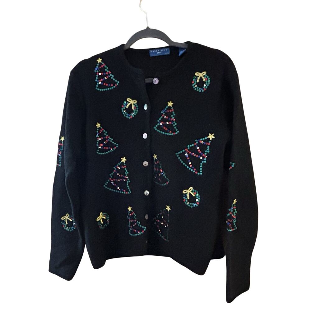 VTG Karen Scott Christmas Sweater Sz LP 100% Wool Black Trees Wreath Embroidered